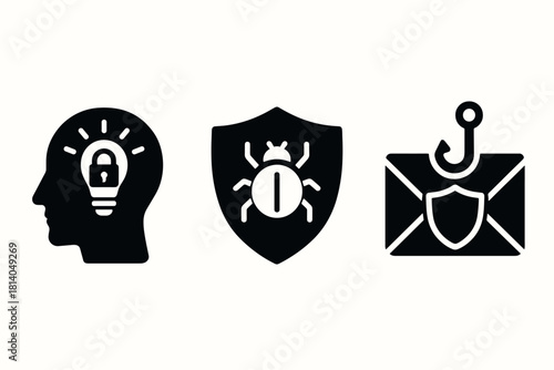 Cybersecurity concepts silhouette icons of security, malware, and phishing protection