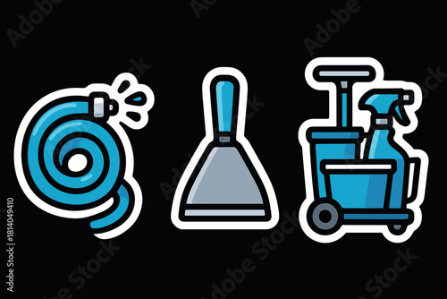 Cartoon-style cleaning tools: hose, scraper, and supply cart on black background