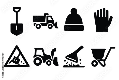 Winter maintenance icon set: snow removal equipment and tools in bold silhouette style