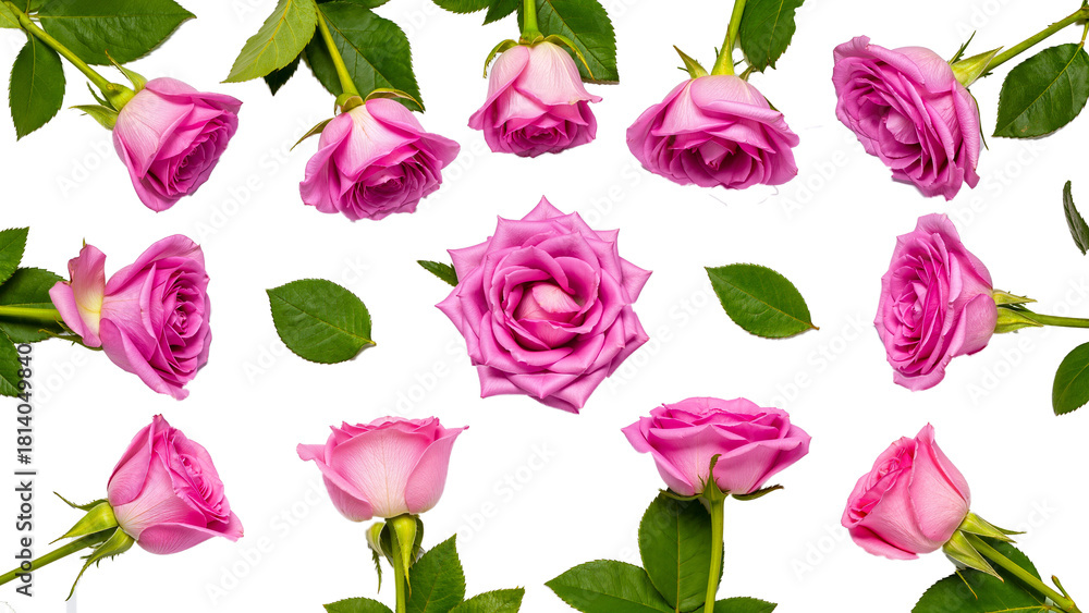 Fototapeta premium Background of pink roses and green leaves arranged horizontally and vertically on a transparent background.