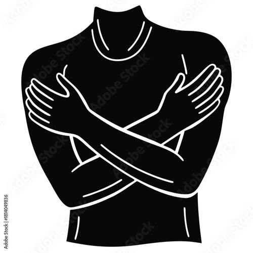 A minimalist vector of an arm hugging a torso, symbolizing comfort, self-care, or closeness with minimal lines.