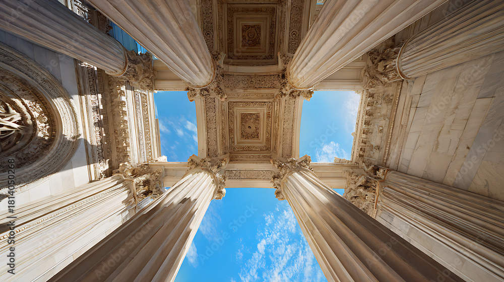Fototapeta premium Majestic marble columns supporting ornate architectural details against a bright blue sky architecture