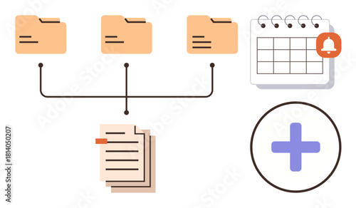 Linked folders, document stack, calendar with reminder bell, and add icon. Ideal for organization, task management, workflow, planning productivity digital tools and teamwork. Clean flat metaphor