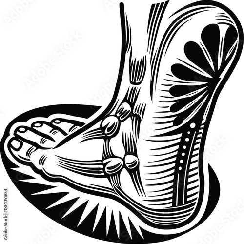 A technical vector of a foot balancing, illustrating the mechanics of stability, motion, and the skeletal structure.