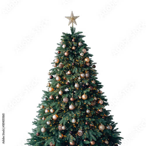 Festive Green Christmas Tree Adorned With Golden Ornaments And Twinkling Lights Topped With A Shining Star On A Transparent Background Perfect For Holiday Decorations