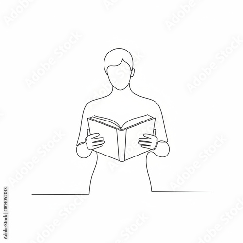 Reading with Focus: An elegant line drawing captures a person engrossed in the captivating world within the pages of a book, lost in thought and concentration.