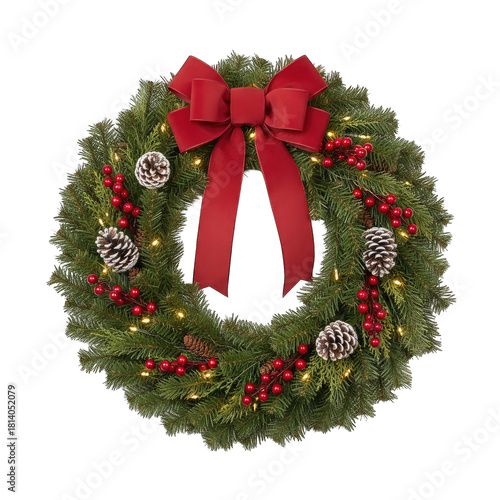 Festive Green Christmas Wreath Adorned With Red Bow Pine Cones And Berries Illuminated By Warm Fairy Lights Isolated On Black Background