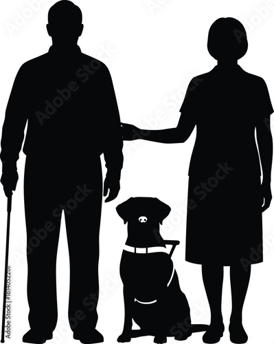 Silhouette illustration of elderly couple with guide dog representing support, accessibility, disability assistance, companionship, independence, and caregiving in a clean vector style