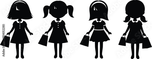 Silhouette illustration of young girls holding shopping bags in various hairstyles, depicting cute child characters for retail, fashion, and commercial design themes