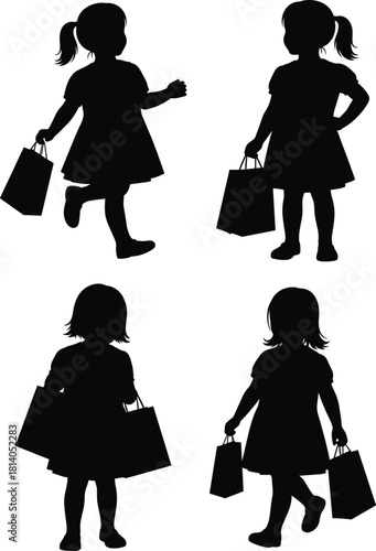 Silhouette illustration of young girls carrying shopping bags, showcasing childhood lifestyle, retail activity, playful movement, and modern commercial vector design elements