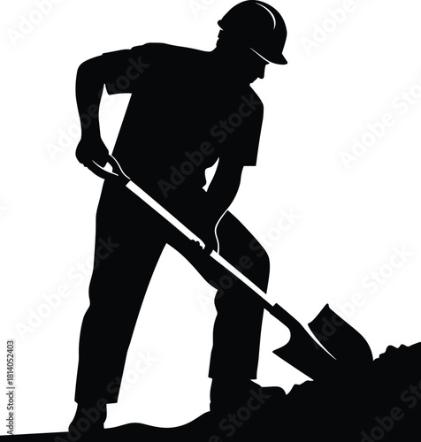 Silhouette of construction worker digging with shovel, illustrating manual labor, industrial workforce, hard work, job safety, and professional outdoor activity scene