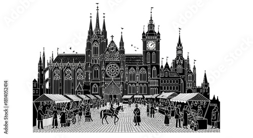 People walk around historic Gothic cathedral square market stalls