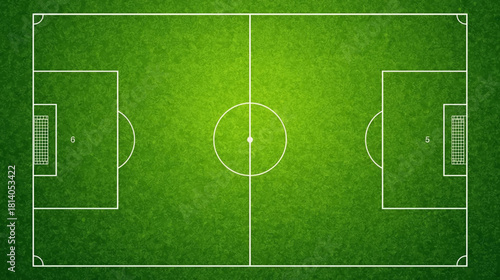 Top down flat graphic illustration of a vibrant green soccer field with subtle grass texture