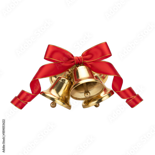 Golden Christmas Bells With Red Ribbon Bow And Curled Ribbons On Transparent Background With Soft Lighting