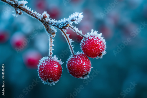 Red berries covered in sharp white hoarfrost ice crystals on blue background