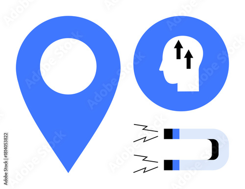 Navigation concept. Navigation displayed through a location pin, magnet, and human mind icon. Navigation linked to creativity, direction, and attraction. For technology, innovation education