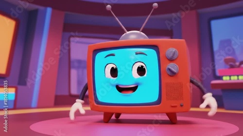 Animated Retro Television Character Waving Hello in a Cartoon Studio Environment 3D Render