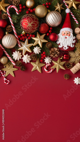 Festive Christmas border of ornaments, pinecones, stars, candy canes, foliage, and Santa décor arranged on a rich red background, creating a warm and joyful holiday atmosphere.