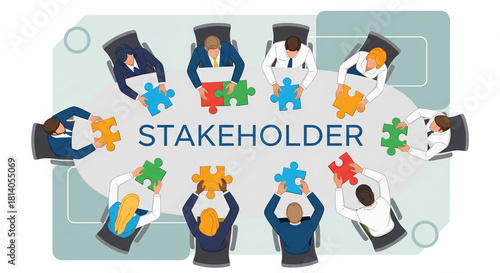 Stakeholders collaborate around a meeting table, uniting various puzzle pieces to achieve a shared vision and common business goals.