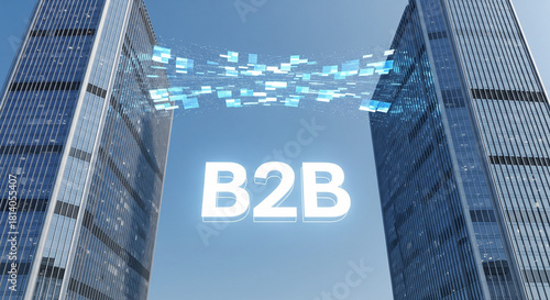 Two modern skyscrapers connected by a stream of glowing data boxes, with 