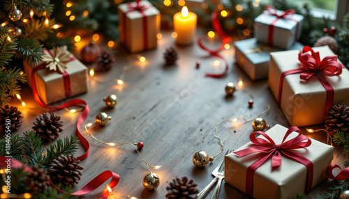 Christmas wrapping factory scene with festive gift boxes, glowing lights, pine cones and evergreen branches on wooden table creating warm joyful holiday atmosphere