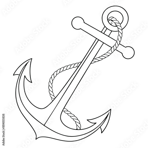 Minimal anchor symbol constructed from one continuous curved line forming both the hook and crossbar, elegant nautical stability concept, thin-line black vector style.