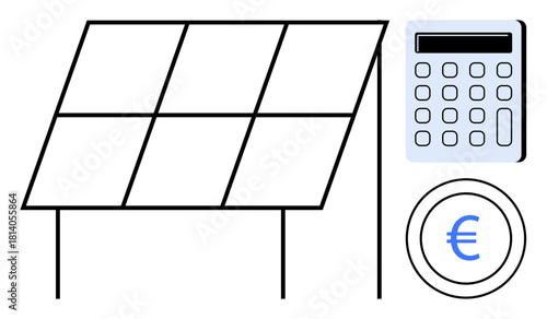 Solar panel with calculator and euro coin illustrating energy efficiency, cost savings, and green investment. Ideal for renewable energy, budgeting, sustainability, eco-friendly living, finance