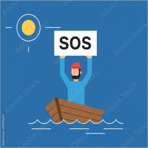 SOS at Sea: A solitary figure, stranded at sea, raises an SOS sign, conveying a desperate plea for rescue against a backdrop of a vast ocean and the relentless sun.