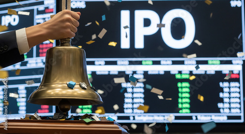 A hand ringing a brass bell on a trading floor, celebrating a major event, with a large screen displaying 