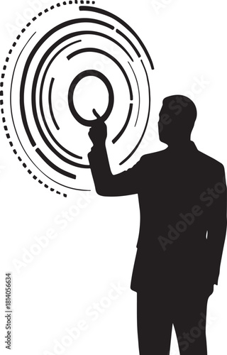 Businessman Silhouette Touching Abstract Digital Circle Interface Vector Illustration