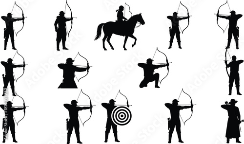 Black Silhouette Vector Set of Archery Shooter Poses including Mounted Archer Target and Various Bowman Stances for Sport and Historical Design