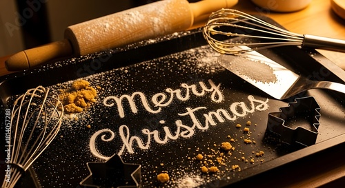 Baking christmas cookies with flour lettering on a tray with cookie cutters and kitchen utensils creating a festive holiday scene for baking enthusiasts