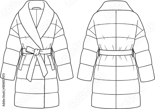 CAD Drawing Flat Vector Illustration of a Belted Puffer Coat Design with Wide Shawl Collar Quilted Structure and Tie Front Closure Technical Sketch