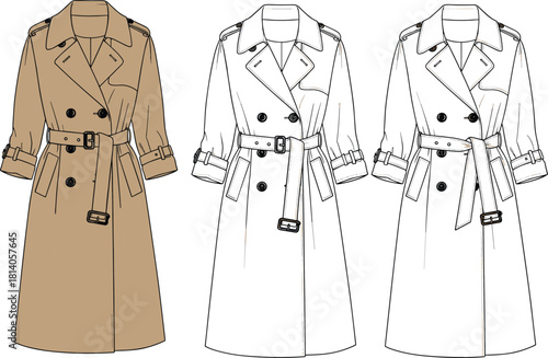 CAD Drawing Flat Vector Illustration of a Classic Double-Breasted Trench Coat with Belted Waist Epaulets and Storm Flap Technical Sketch Template