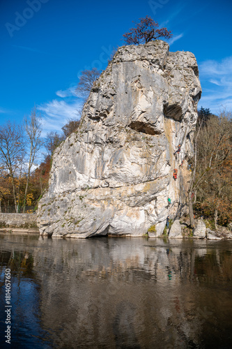Rock climbing along the Ourthe in Durbuy, Wallonia, Belgium