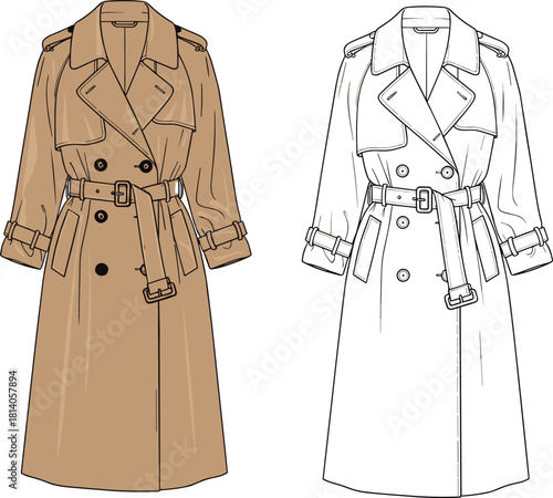 CAD Drawing Flat Vector Illustration of a Classic Long Trench Coat with Wide Lapels Storm Flap Belted Waist and Buckled Cuff Straps
