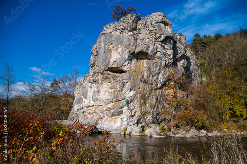 Rock climbing along the Ourthe in Durbuy, Wallonia, Belgium