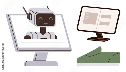 Smiling robot displayed on a monitor, adjacent to a user interface screen and pointer device. Ideal for technology, innovation, AI, robotics, digital communication, user interfaces, simple flat