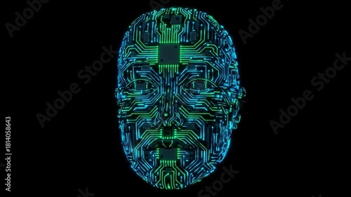 Artificial intelligence circuit board face animation, futuristic technology concept, high tech