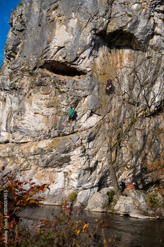 rock climbing along the Ourthe in Durbuy, Wallonia, Belgium