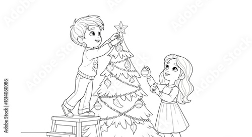 Festive fun decorating the Christmas tree together, a brother and sister share the holiday spirit, creating cherished memories with ornaments and a shining star