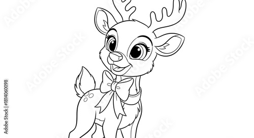 Adorable cartoon reindeer illustration with a charming bow ready for holiday crafts and coloring books, this vector art is perfect for festive designs