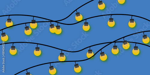 Hanging yellow string lights seamless pattern on blue background, festive decorative holiday design for celebration and party themes