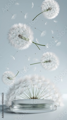 Ethereal Dandelion Fluff and Flying Seeds Showcase on Silver Cosmetic Product Podium