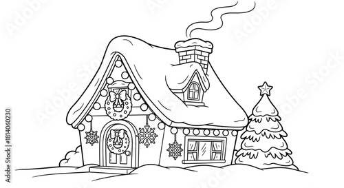 Festive winter house illustration with snow-covered roof, wreaths, and a cute Christmas tree, perfect for holiday coloring books and seasonal designs, originally vector graphics
