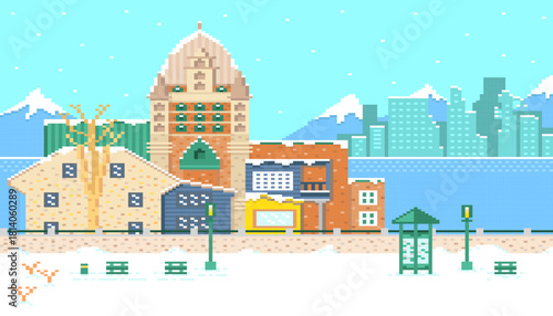 City in winter with river and buildings background and park foreground.