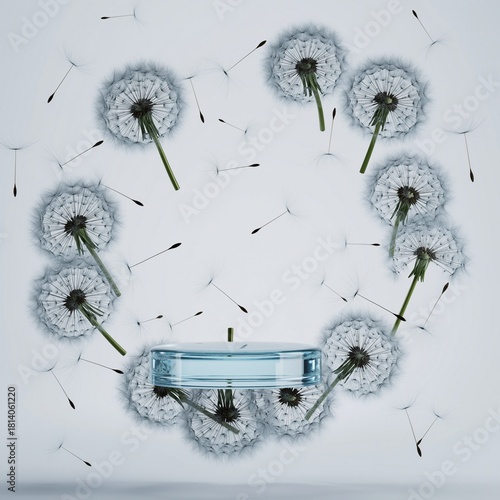 Dandelion Seed Heads Circle Blue Cosmetic Podium with Flying Fluff for Natural Skincare Product Display Mockup.
