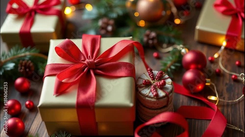 Golden gift box red ribbon festive ornament pine branch holiday decor warm glow on wooden table cozy mood christmas wrapping factory joy flows as ribbons curl gift box bow bauble ornament pine