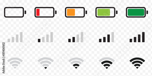 Smartphone wifi and battery icons. Mobile phone indicators, battery charge levels, 5G and wifi signal strength icons flat vector illustration set. Network wireless symbols on Transparent background. E
