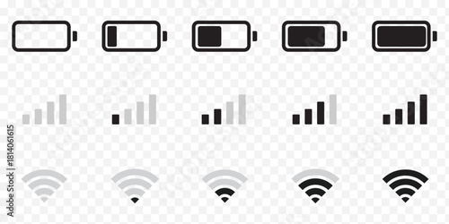 Minimal Black and Blue vector icons showing mobile signal strength, Wi-Fi connectivity, Network and battery charge levels. Perfect for user interface design (UI, apps, infographics. Mobile & PC. EPS10